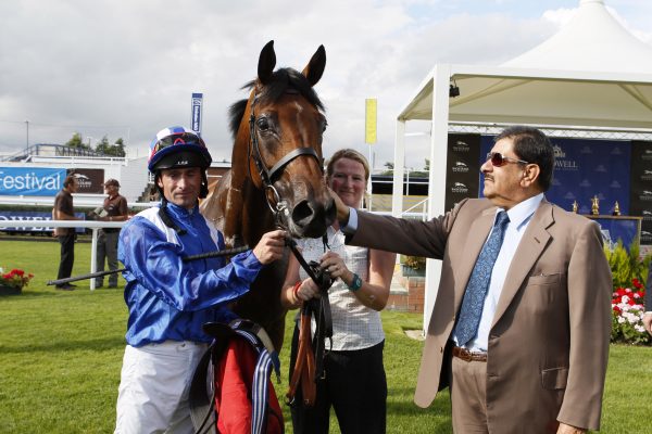 HH Sheikh Hamdan Bin Rashid Al Maktoum greets jockey Dane O'Neil and Prince Hamin